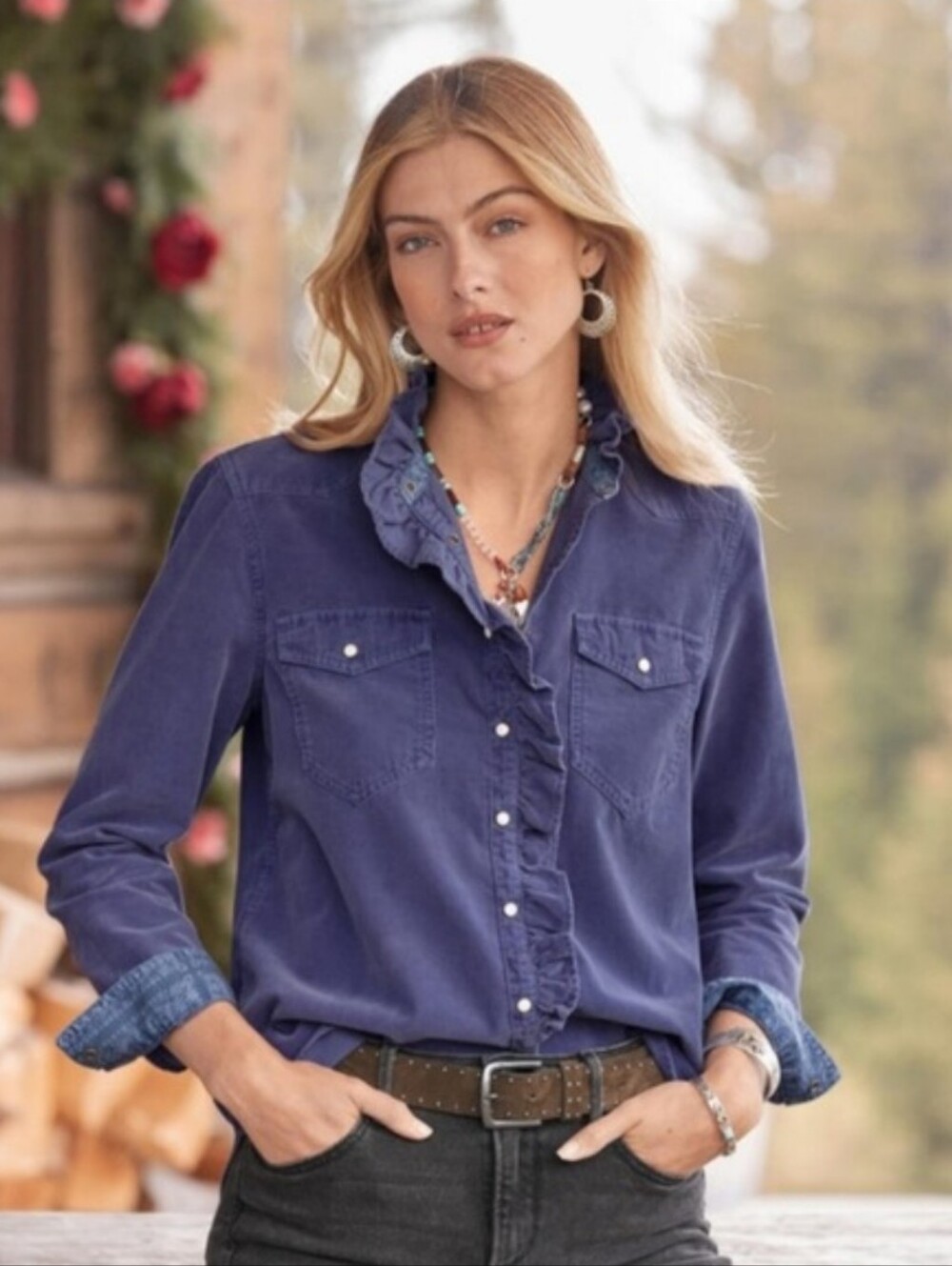 Sundance Ombelime Navy Corduroy Pearl Snap Ruffle Accent Shirt